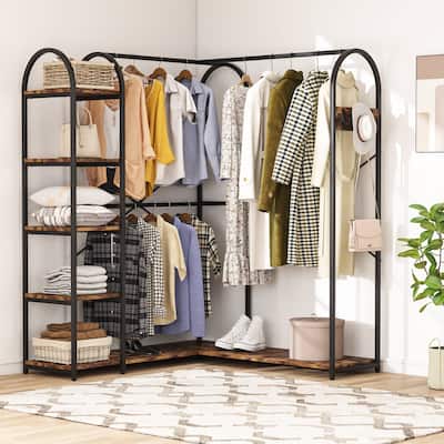 Heavy Duty L Shape Clothes Rack,Freestanding Corner Closet Organizer,Large Garment Rack with Storage Shelves and Hanging Rods
