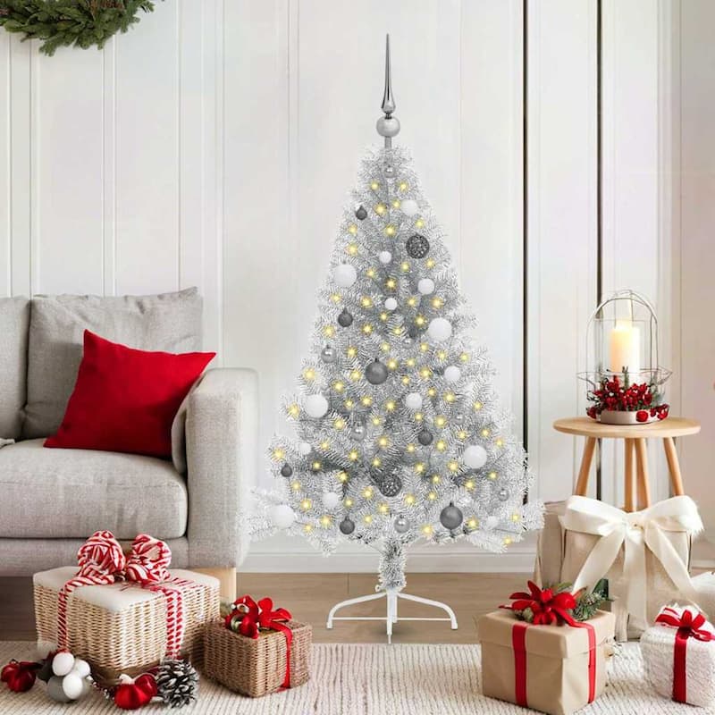 vidaXL Christmas Tree with Decorative String Lights - Silver with LEDs and white/grey balls - 5 Foot