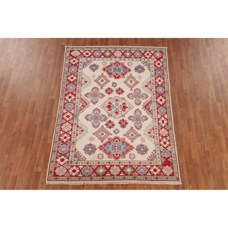Geometric Kazak Oriental Rug Hand-Knotted Bedroom Wool Carpet - 5'0" x 6'10"