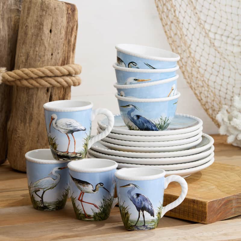 Certified International Coastal Birds 16pc Dinnerware Set, Service for 4 - 11.00"L x 11.00"W x 1.25"H