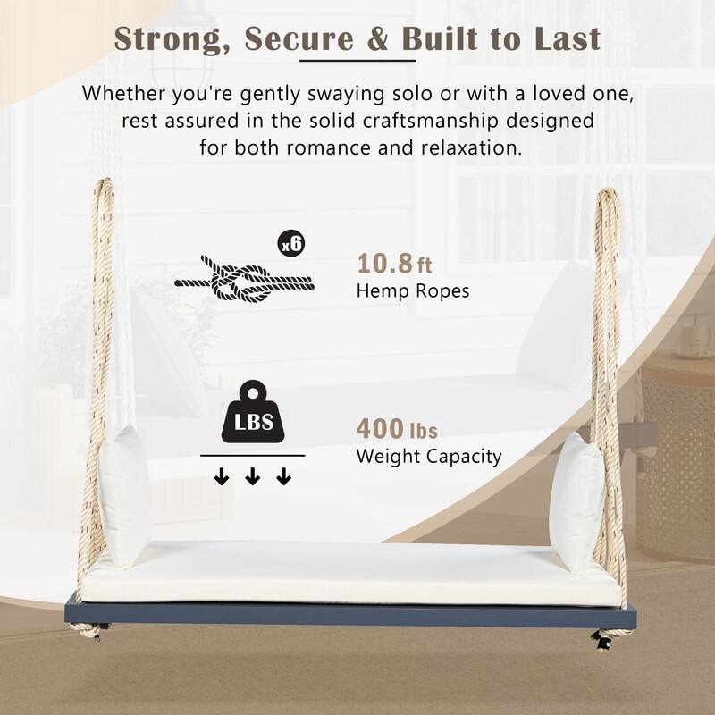 Porch Wooden Swing Chair with Hemp Ropes, Patio Hanging Swing Bench with Cushion & 2 Pillows