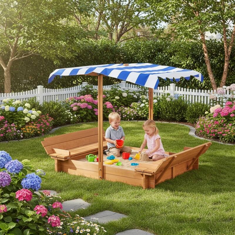 Kids Sandbox with Adjustable Cover, 46" Wooden Sand Box with 2 Foldable Bench Seats, Outdoor Sandpit for Backyard Play