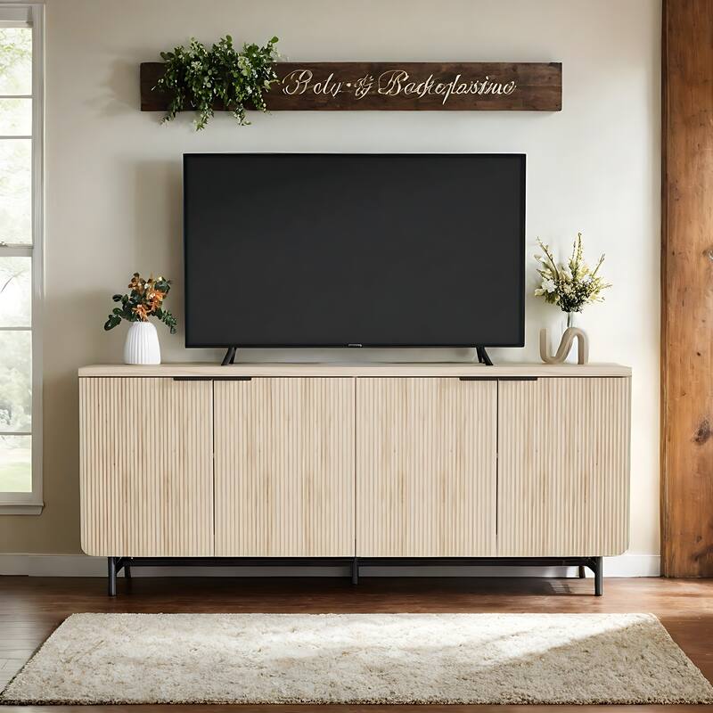 68" Mid-century TV Stand Entertainment Center with Adjustable Shelves 4 Doors & LED Light