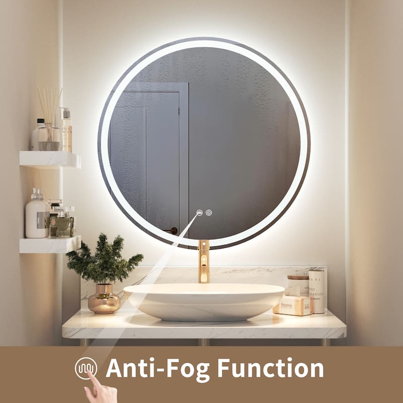 Circular LED Anti-Fog Mirror for Bathroom, Three-Color Lighting Adjustable