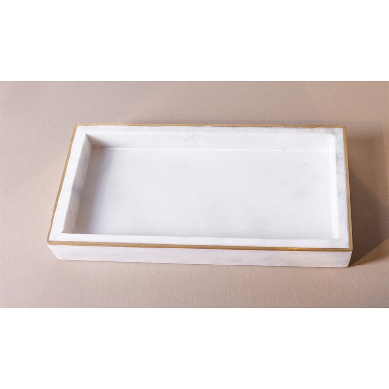 White Marble Tank Tray w/ Brass Edges 12"x6" -ST