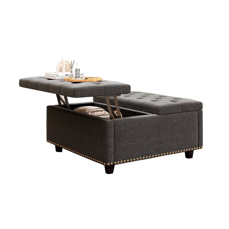 Cotton Square Chair with Storage,Ottoman with Storage,Double Door Storage Footstool,Coffee Table,Nailhead Trim