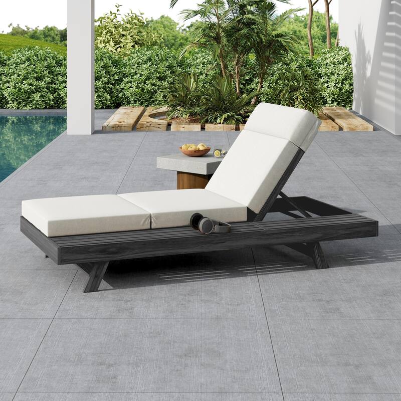 Outdoor Patio Acacia Wood Chaise Lounge Chair with Adjustable Backrest, Side Open Storage and Water-Repellent Cushions