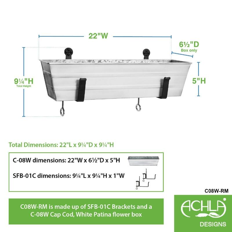 Achla Designs 22" W Rectangle Galvanized Steel Flower Box w/ Black Wrought Iron Clamp-On Brackets, Planter