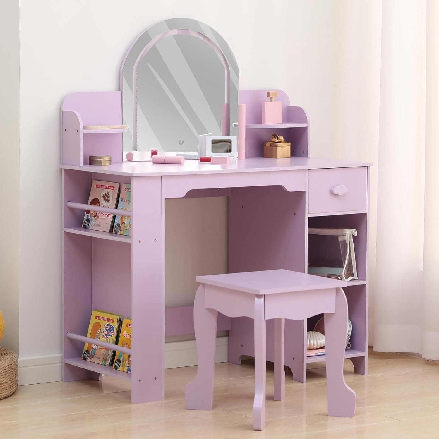 Purple 2-in-1 Kids Vanity with Stool & Bookshelf