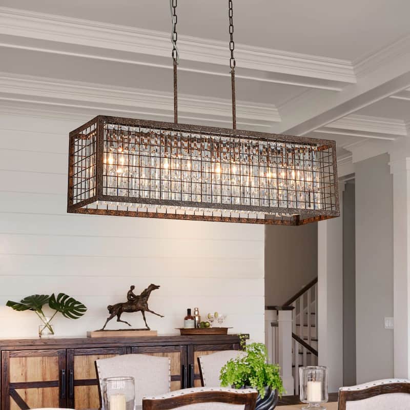 Farmhouse 4-Light Crystal Chandelier Rectangle Kitchen Island Pendant - Bronze