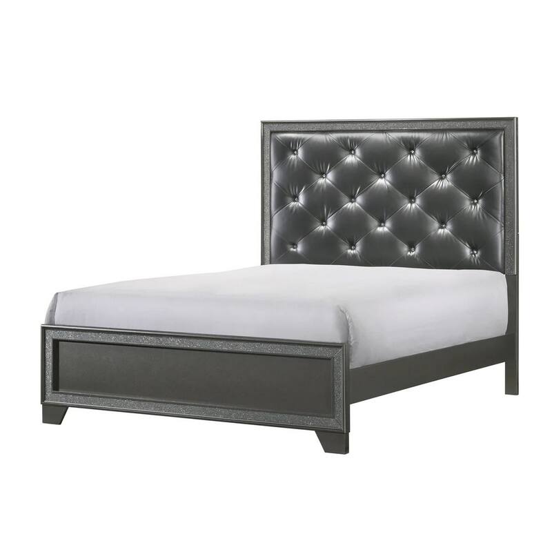 Kay King Bed, Faux Diamond Tufted, Gray Upholstery, Silver Trim, Wood