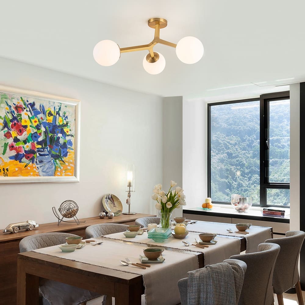 3-Light Dimmable Semi Flush Mount Ceiling Light with Globe Opal/Swirl Shade