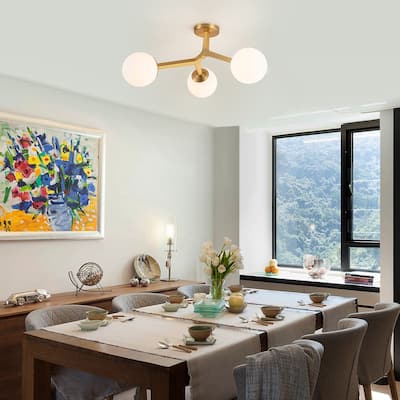 3-Light Dimmable Semi Flush Mount Ceiling Light with Globe Opal/Swirl Shade