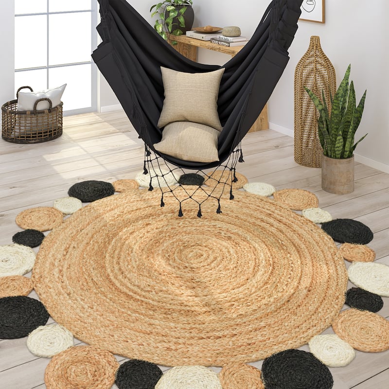 Hand-Woven Jute Rug Round with Natural Jute Fibers and Circles - natural - 5'3" Round