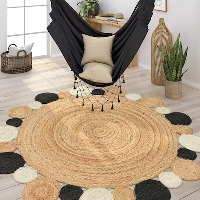 Hand-Woven Jute Rug Round with Natural Jute Fibers and Circles