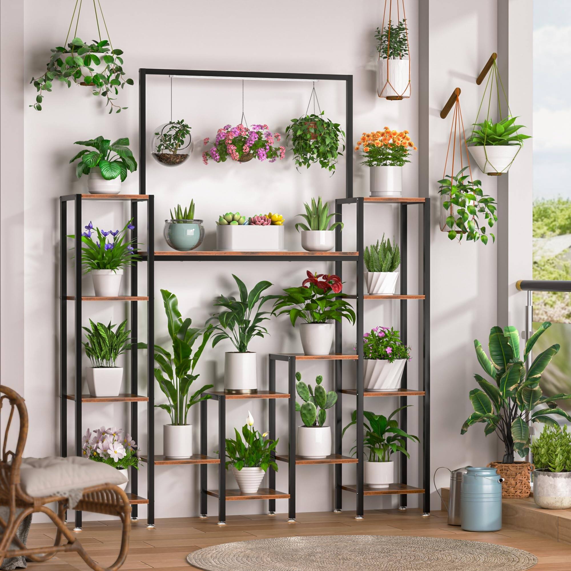 Tiered Plant Stand with Grow Lights, Ladder Book Shelf Display Rack for