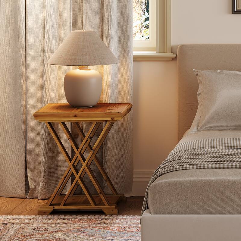 Solid Wood End Table, 2-Tier Side Table with Geometric X-Shape Design
