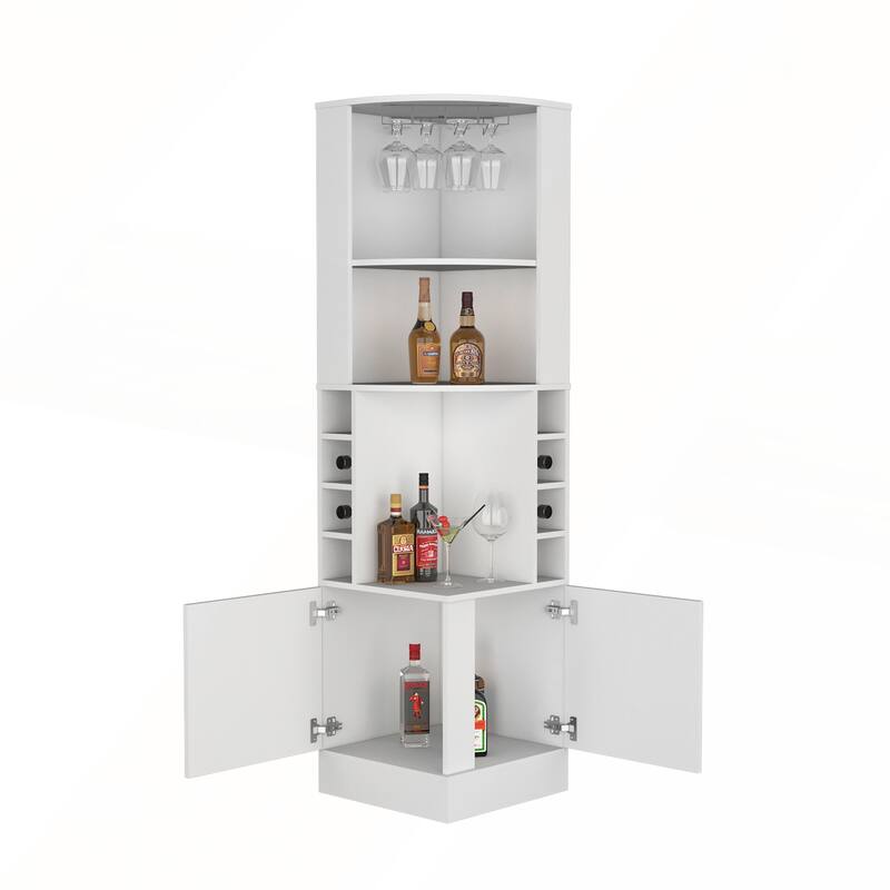 Corner Bar Cabinet with Glass Rack and Eight Built-In Wine Racks for Modern Entertaining Spaces