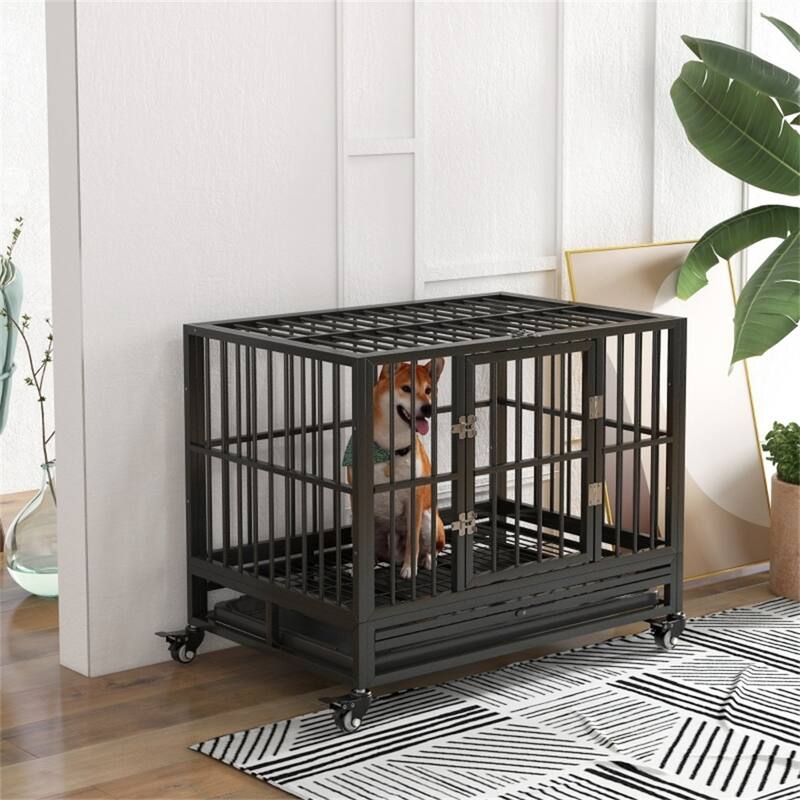 Grey Dog Cage with Secure Welded Frame Slide-Out Tray Front and Top Doors and Rolling Wheels