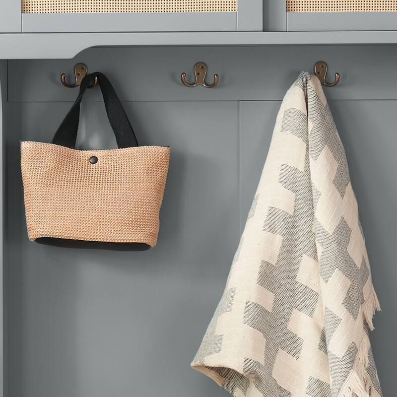 Hall Tree Storage Bench with Rattan Door, Shoe Bench with Adjustable Shelf