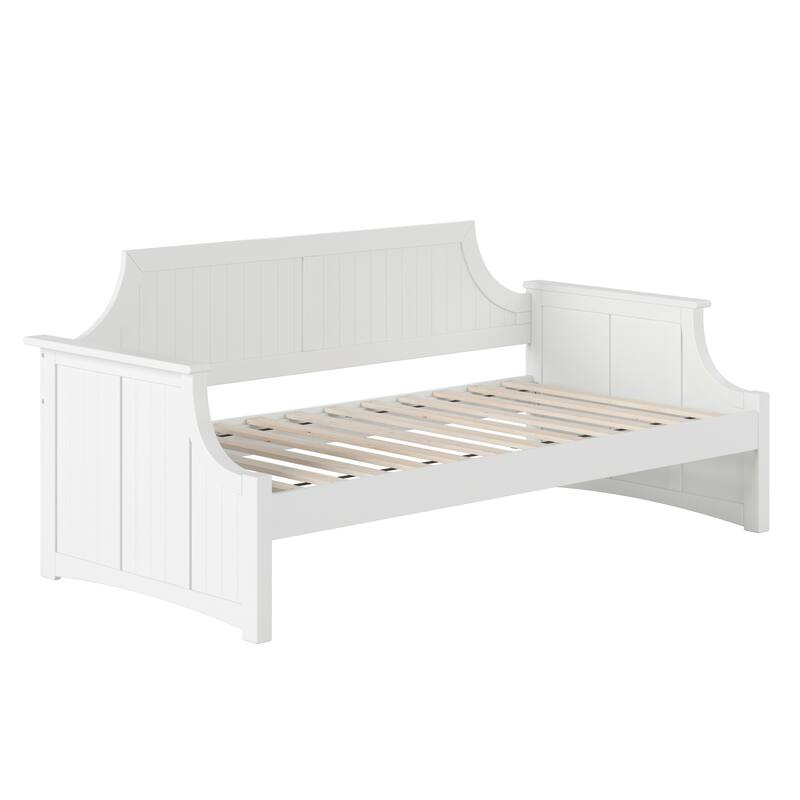Twin Daybed - White Wood Frame, Curved Back & Beadboard Design - Guest Bed & Relaxation