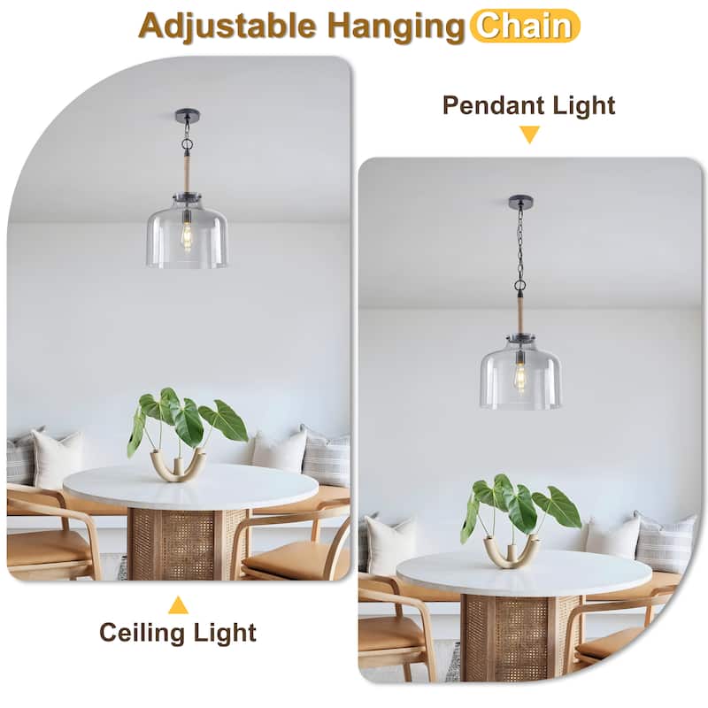 Starsky 1-Light Clear Glass Bell Jar / Cloche Pendant With Rope Accent