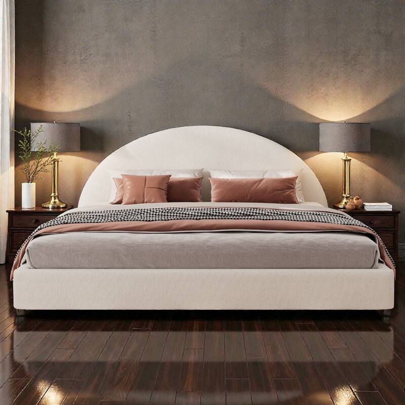 Twin/Queen/King Boucle Upholstered Bed Frame with Curved Half-Round Headboard, Platform Design, No Box Spring Needed - White - King