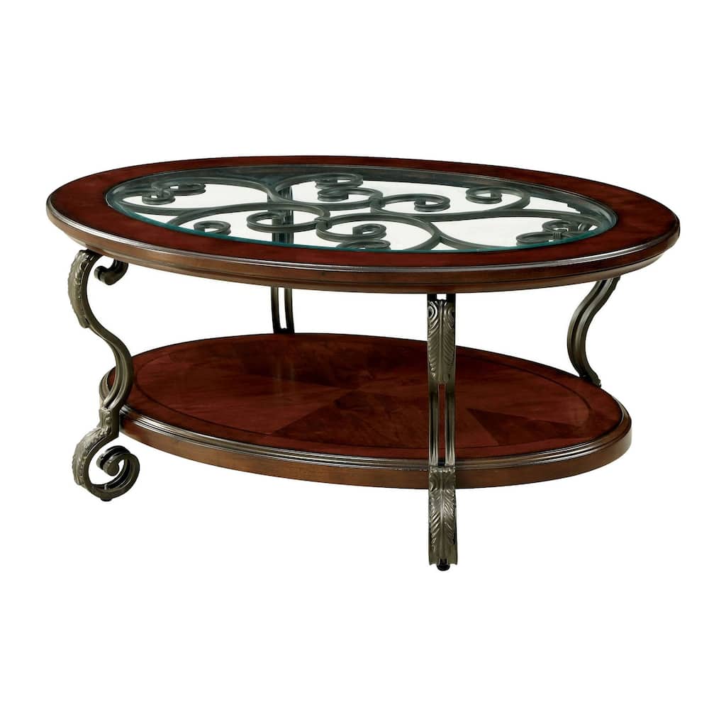 48 Inch Oval Coffee Table, Glass Top, Scrolled Metal Legs, Cherry Brown
