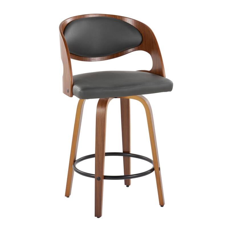 Carson Carrington Visby 26" Fixed-Height Counter Stool with Bent Wood Legs (Set of 2) - Grey Faux Leather/Walnut/Black Metal
