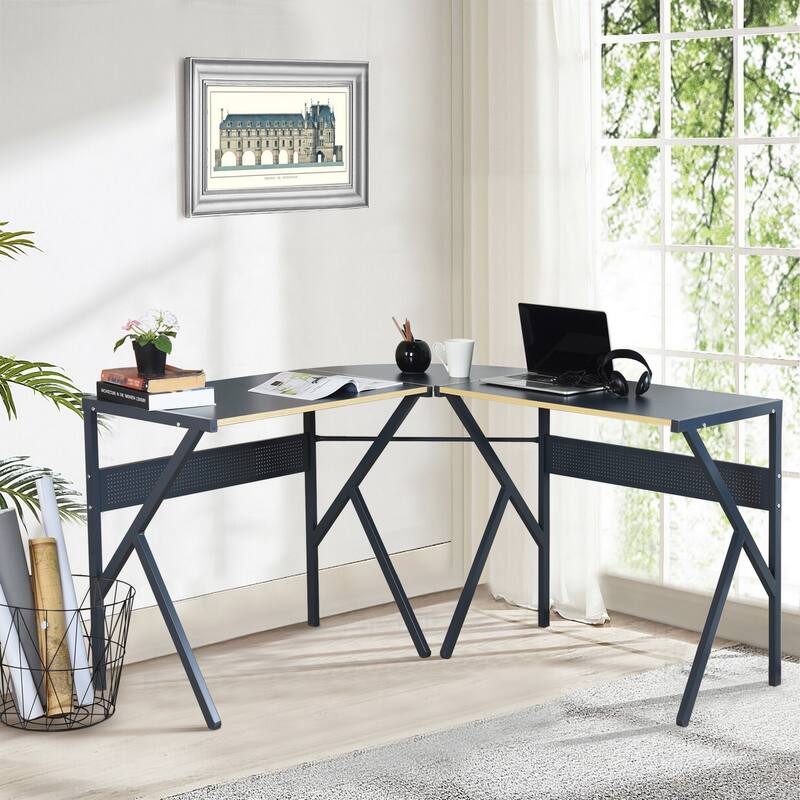 Homylin L-Shaped Modern Corner Office Computer Desk with Sturdy Metal Frame - Blue