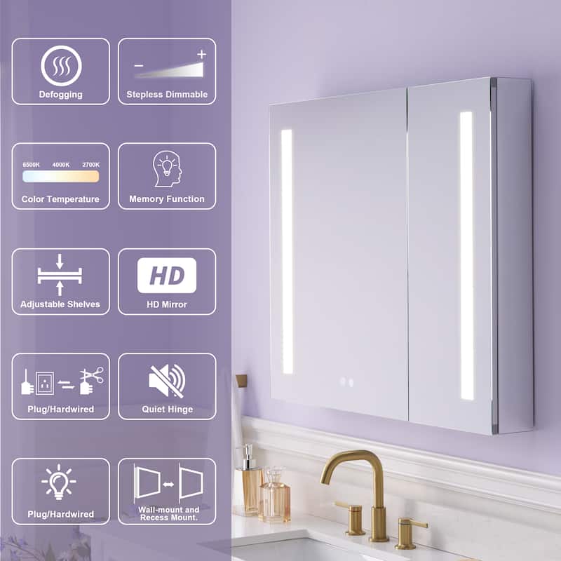 Recessed or Surface 30" H LED Mirror Cabinet with Adjustable Glass Shelves,Defogger, Dimmer And Outlets & USB Ports