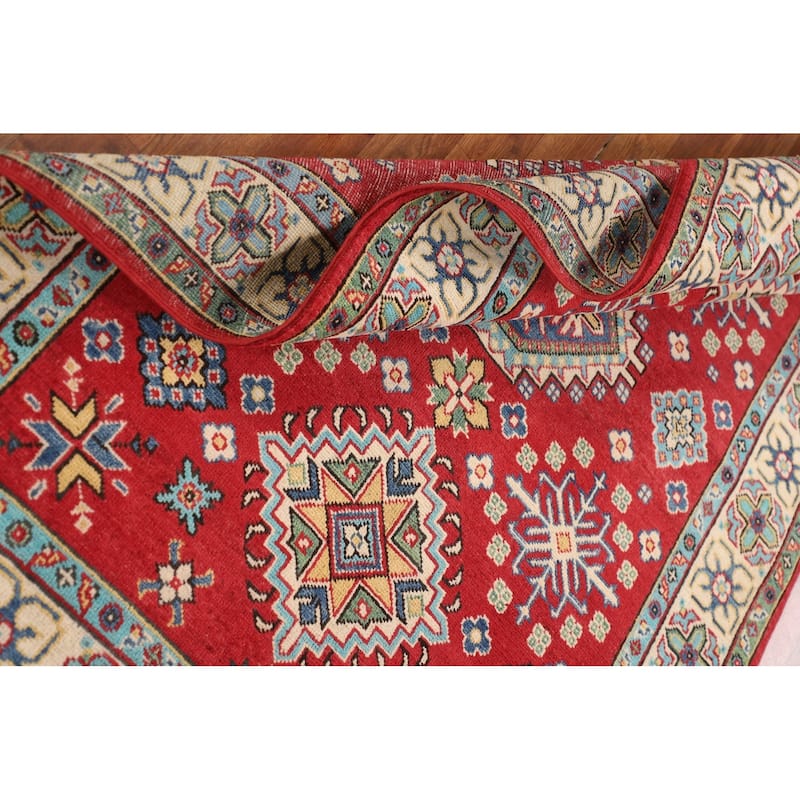 Geometric Red Kazak Oriental Area Rug Bedroom Hand-Knotted Wool Carpet - 3'11"x 6'0"
