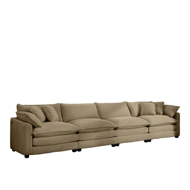 Tan 150" Corduroy 4-Seater Modular Sectional Sofa with 6 Pillows