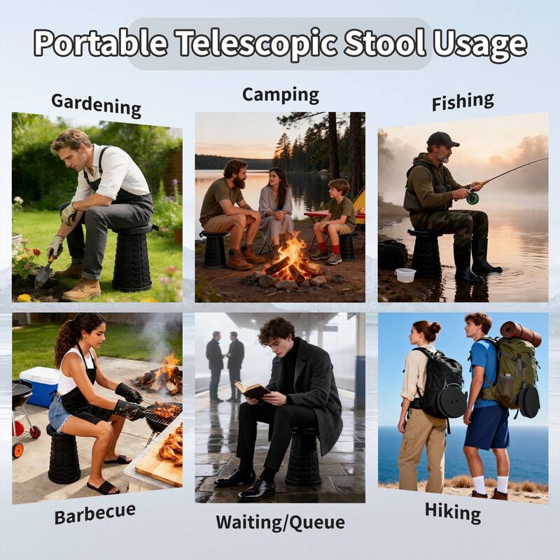 VECELO Portable Telescoping Stool Lightweight Adjustable Height Folding Stool for Camping Fishing Indoor Outdoor Plastic Seat