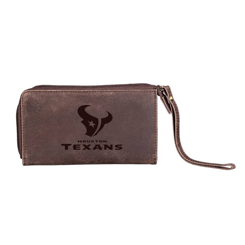 Brown Leather Cell Phone Wristlet Wallet, Houston Texans - 4" x 7"