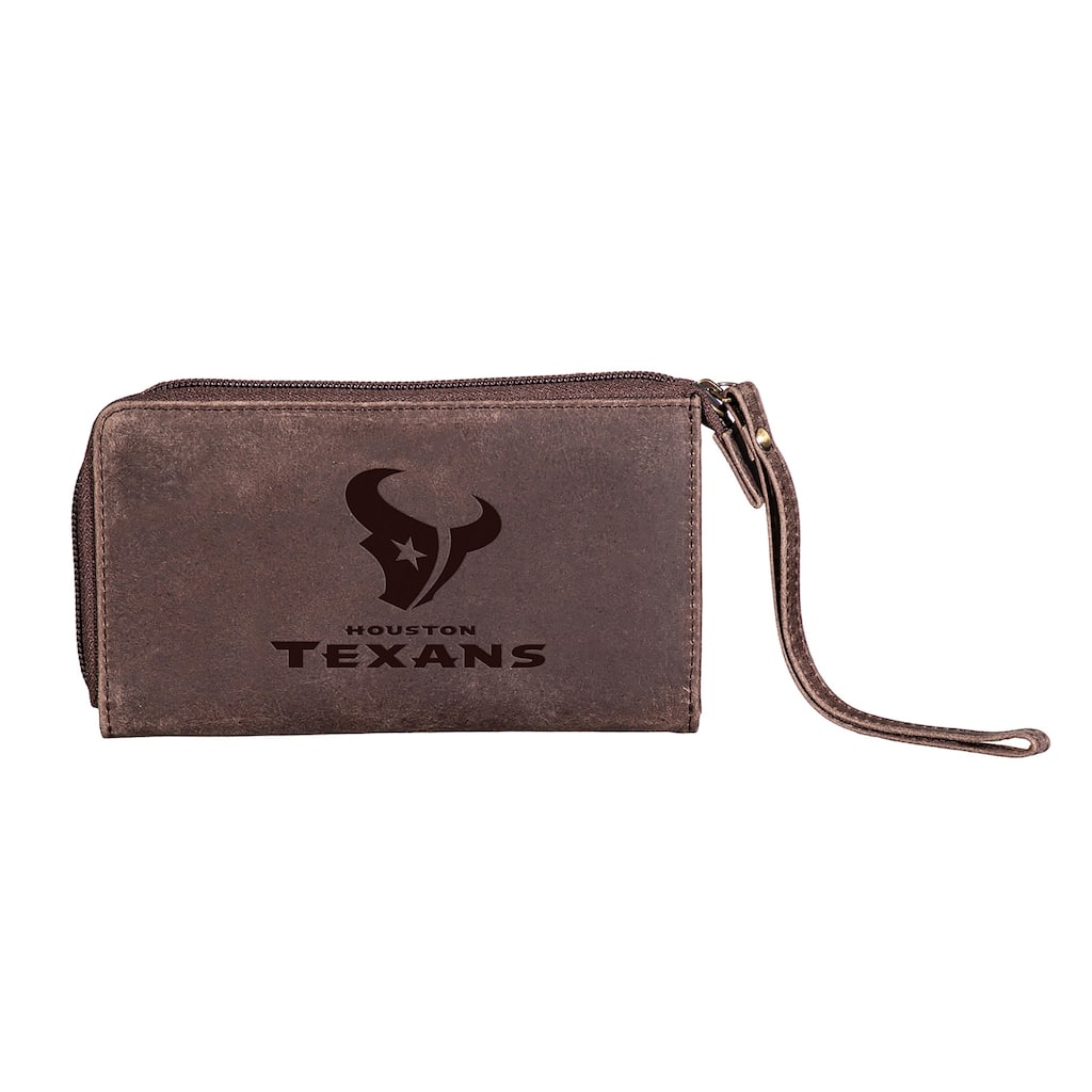 Brown Leather Cell Phone Wristlet Wallet, Houston Texans - 4" x 7"