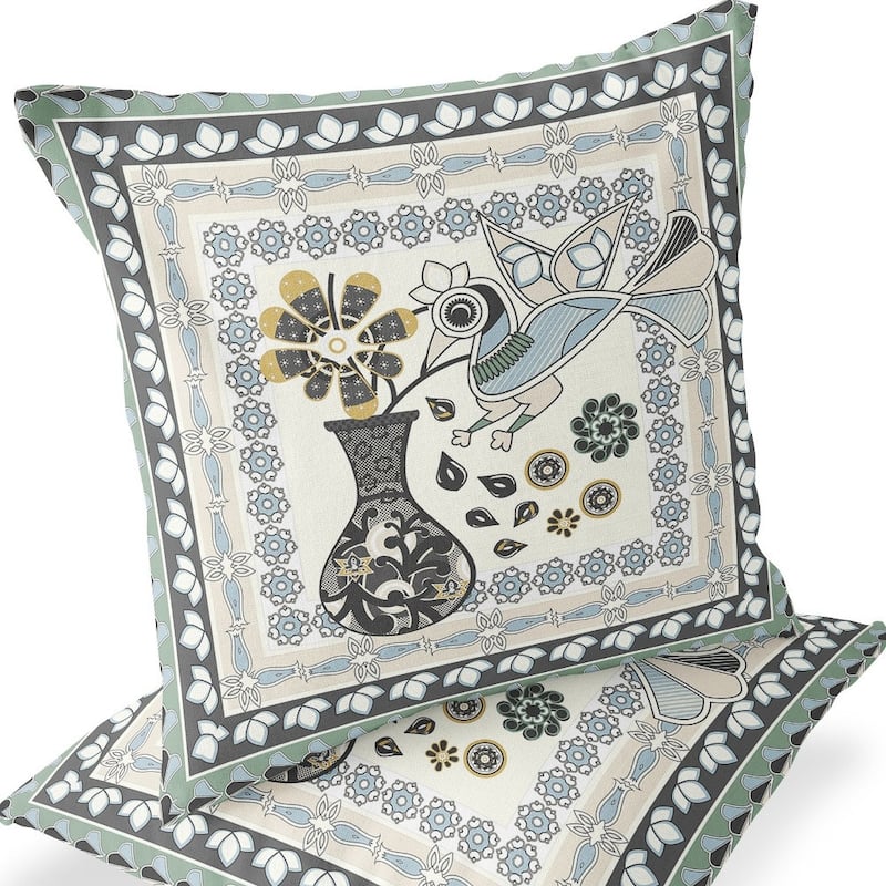 HomeRoots Set of Two 16" X 16" Black and Gray Peacock Blown Seam Floral Indoor Outdoor Throw Pillow - 16.00' X '16.00' X '5.00