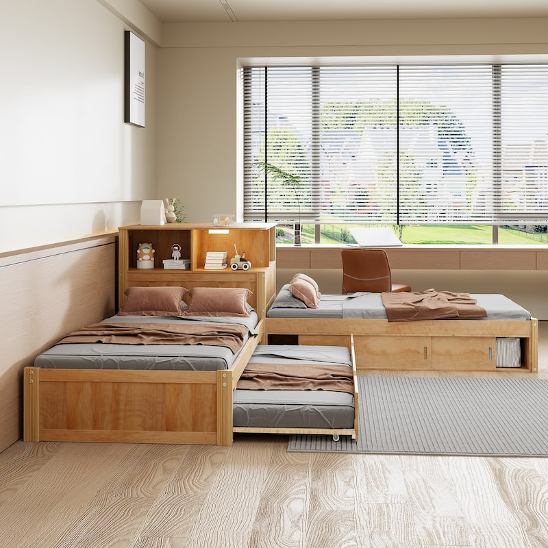 Twin Size L-shaped Bed Frame with Trundle Bed and Storage Cabinets, Desk, Lighting, Corner Platform Storage Bed Frame