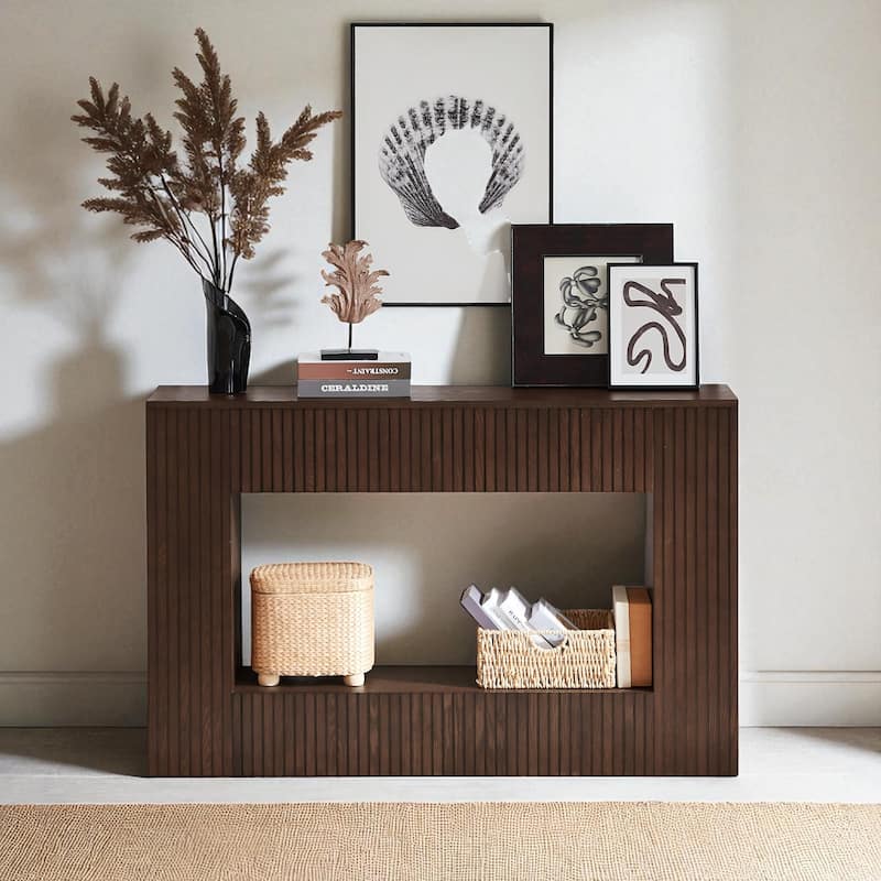 55" Modern Slatted Console Table, Narrow Entryway Table with Ash Veneer for Hallway or Foyer