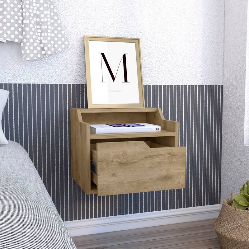 Floating Nightstand with Single Drawer and Two-Tiered Shelves, Modern End Table Design