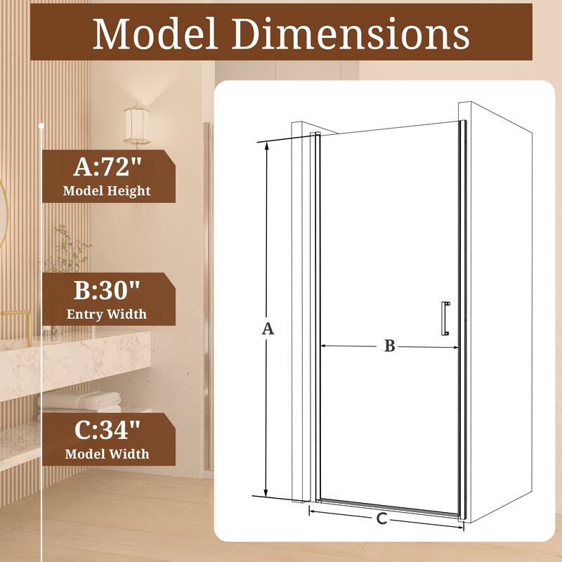 GDFStudio - Modern America Design Semi-Frameless Circular Pivot Shower Door with 1/4" SGCC Tempered Glass & Magnetic Soft-close