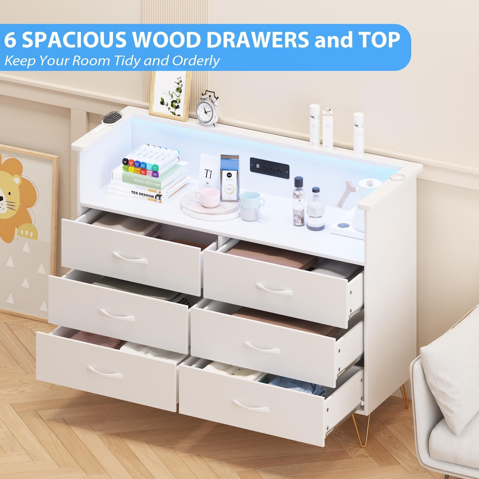 6 Wooden Drawers Dresser with Power Outlet LED Light