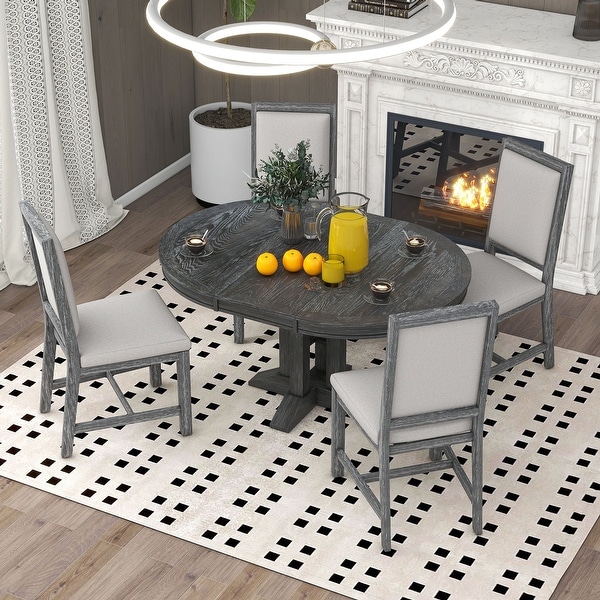 Farmhouse 5 Piece Dining Set with Extendable Round Table and High