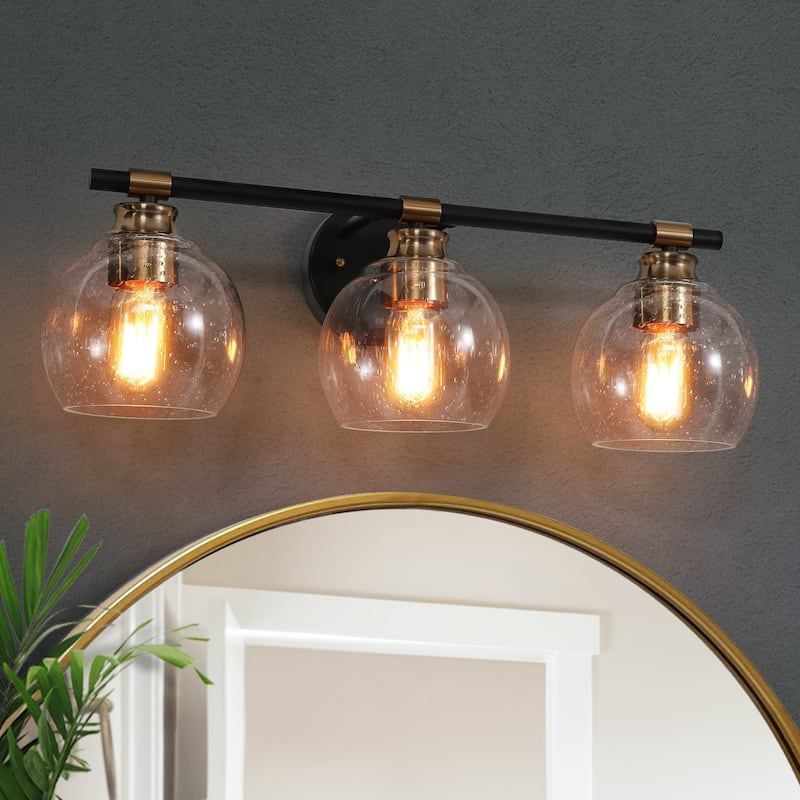 Iain Modern Black 3/4-Light Bathroom Vanity Lights Globe Seeded Glass Dimmable Wall Sconces - 22" L