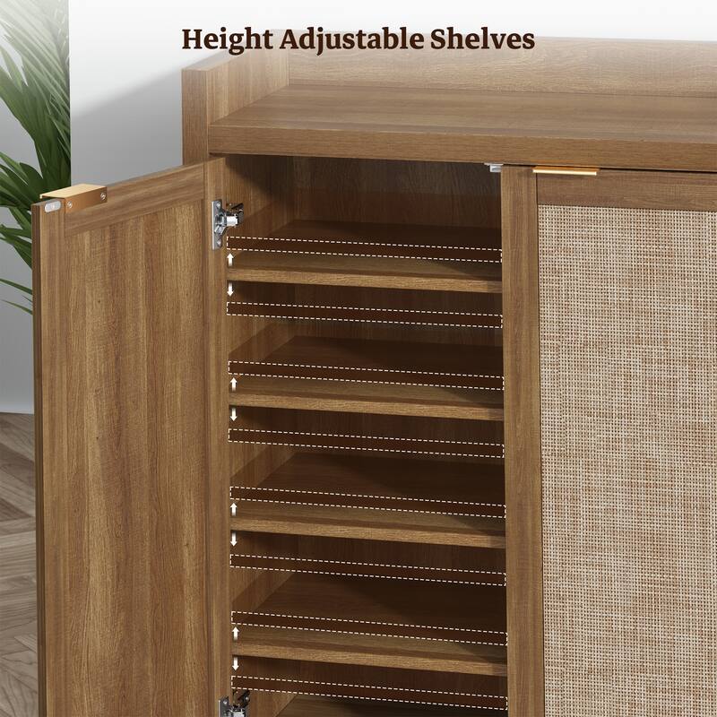 SICOTAS Rattan Shoe Cabinet for Entryway, 6-Tier Shoe Rack with Doors and Adjustable Shelves