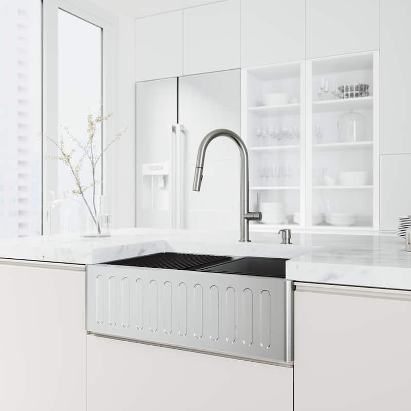 VIGO Oxford Stainless Steel Single Bowl Slotted Apron Farmhouse Kitchen Sink and Accessories