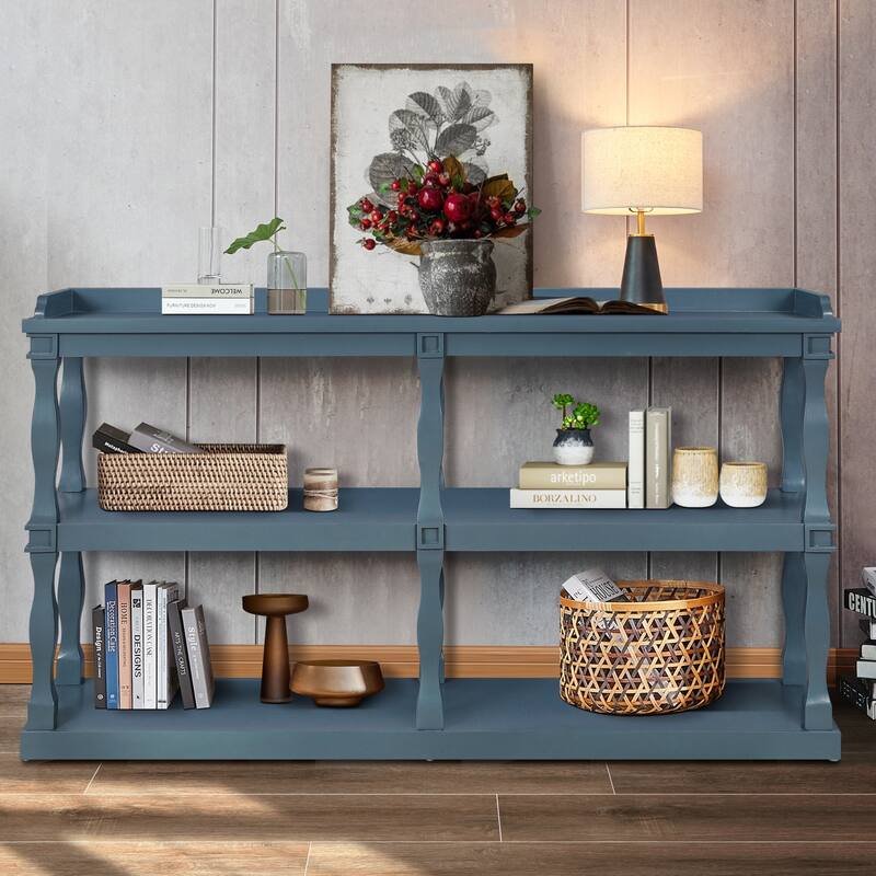 60" Console Table with 3-Tier Open Storage Shelves and Roman Column Support, Elegant Narrow Table for Entryway - Navy