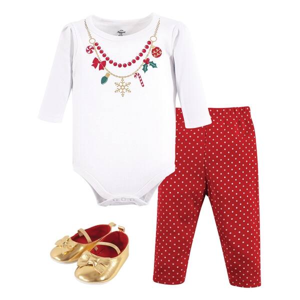 slide 1 of 1, Little Treasure Baby Girl Cotton Bodysuit, Pant and Shoe 3pc Set, Christmas Necklace 0-3 Months - Christmas Necklace