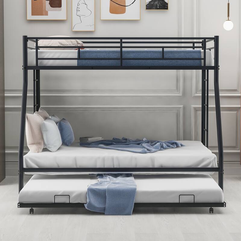 Bed with Sturdy Steel Frame, Bunk Bed with Trundle, Two-Side Ladders - Black