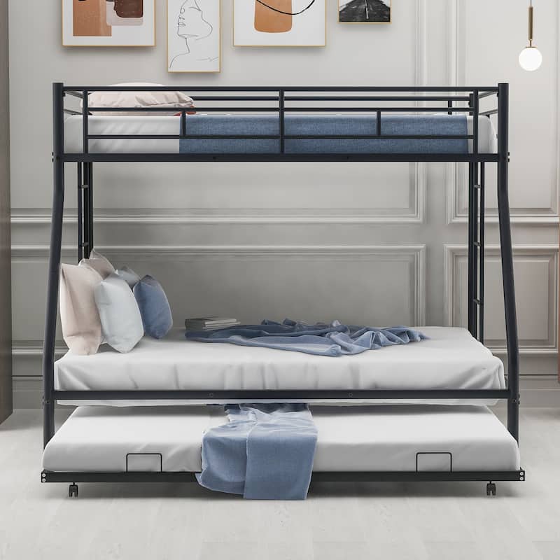 Bed with Sturdy Steel Frame, Bunk Bed with Twin Size Trundle, Two-Side Ladders